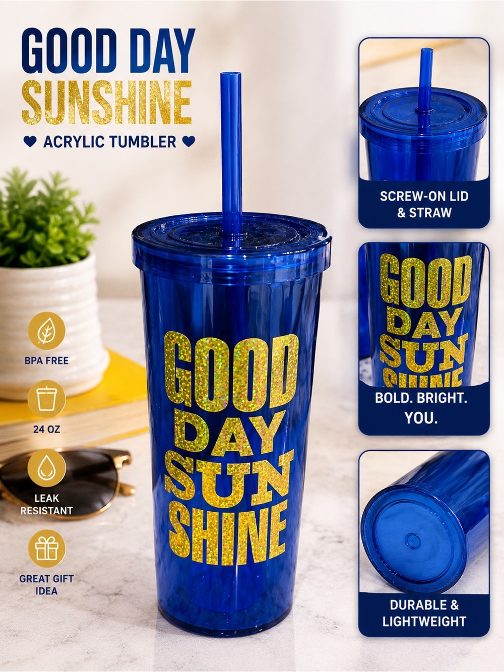 Hand Crafted Blue Acrylic Tumbler with Gold Glitter Lettering